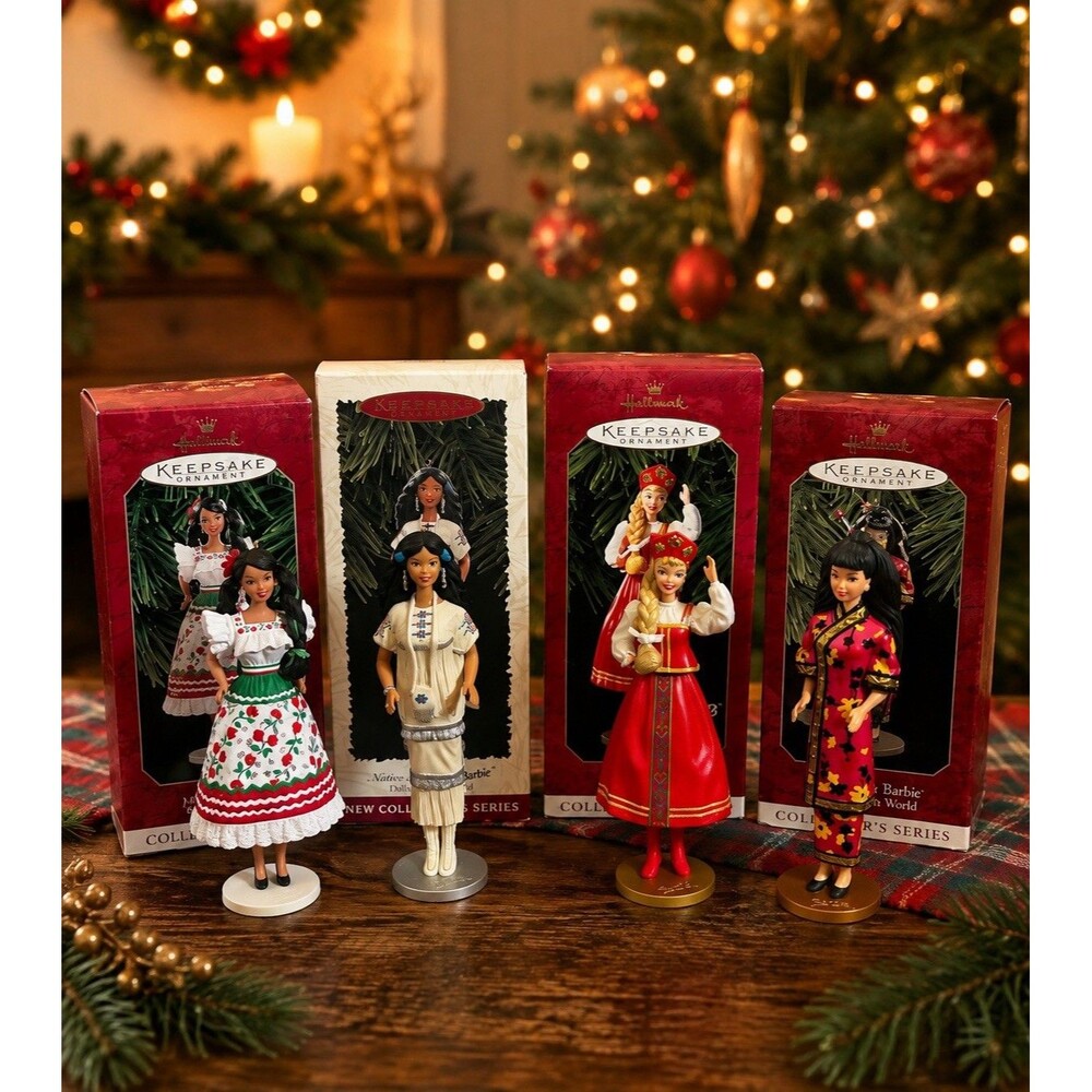 Vintage 1990s Hallmark Barbie Dolls of the World Ornaments Set of 4 Holiday Tree